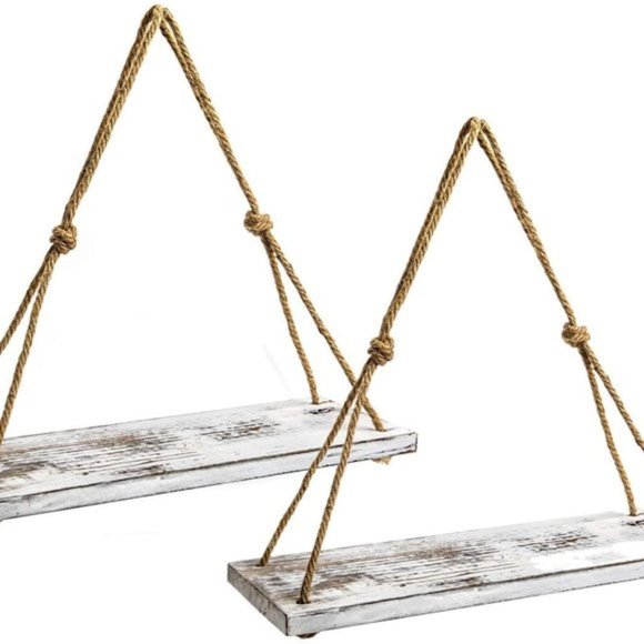 Rustic Rope Wood Hang Floating Shelf 4 Hooks
